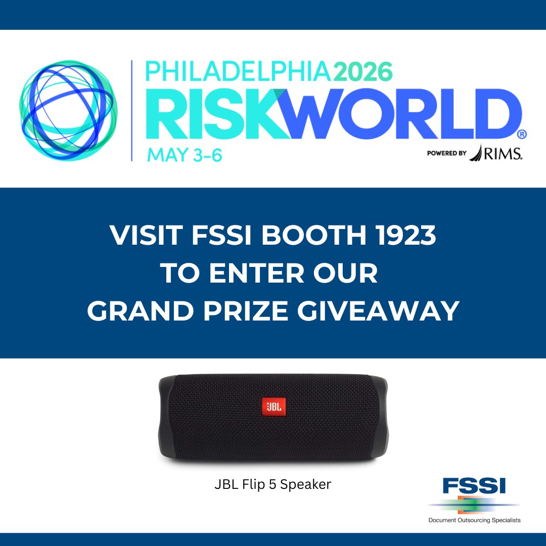 FSSI_CA's tweet image. Stop by FSSI booth 1923 to meet your insurance document specialists and enter to win our grand prize giveaway, a JBL Flip 5 portable speaker. #Insurance #Print #Mail #Outsourcing #Statements #Letters #eDelivery #RISKWORLD2026