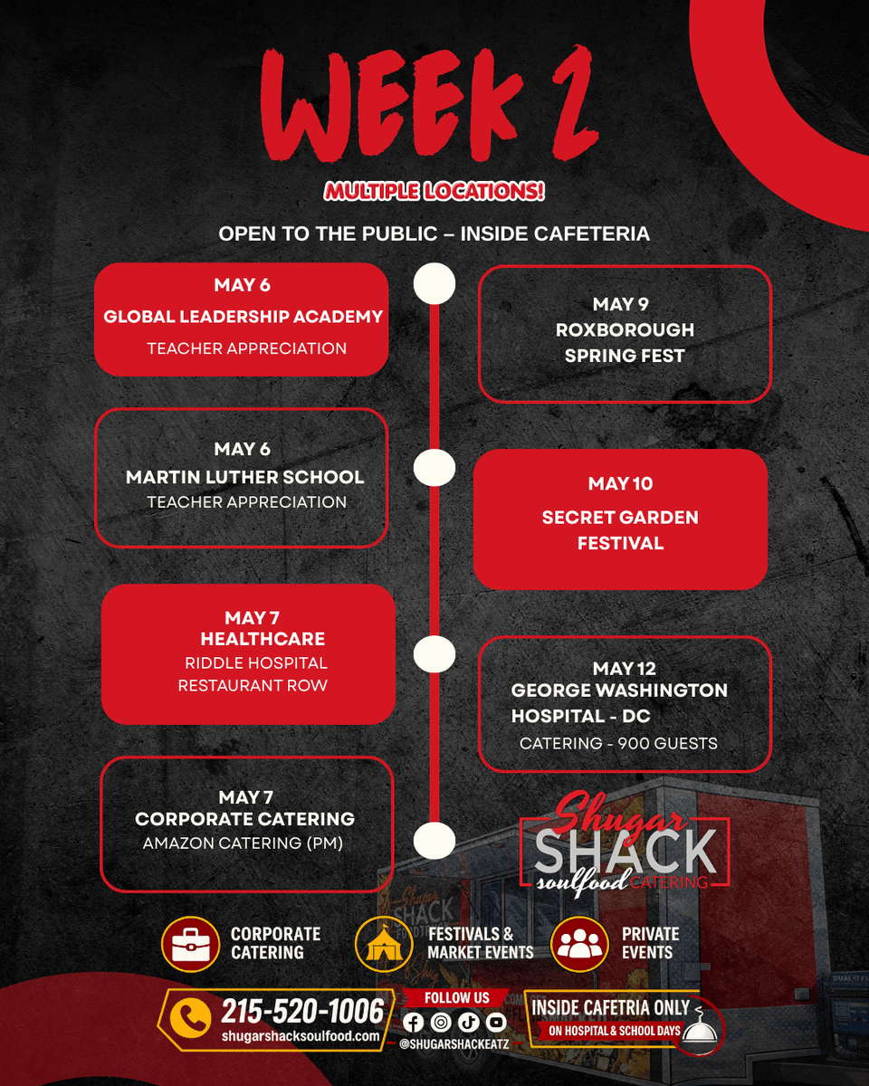 Shugarshacksoul's tweet photo. Week 2 = we're everywhere 🔥

From schools to hospitals to festivals—catch us across multiple locations and pull up hungry.

#ShugarShack #Week2Lineup #SoulFood https://t.co/8MRS3M1wa3 https://t.co/QkShstSPdE