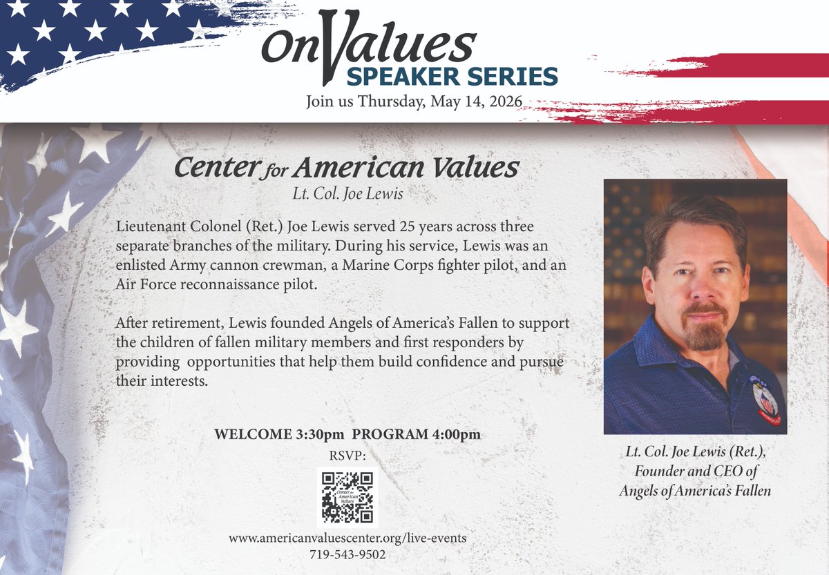 Center4Values's tweet photo. Join us at the Center for American Values for an OnValues with Lt. Col. Joe Lewis, Founder and CEO of Angels of America's Fallen. 
Seats are limited. RSVP here:https://t.co/d84Wvl4ruL https://t.co/ZCLrhNxI0f
