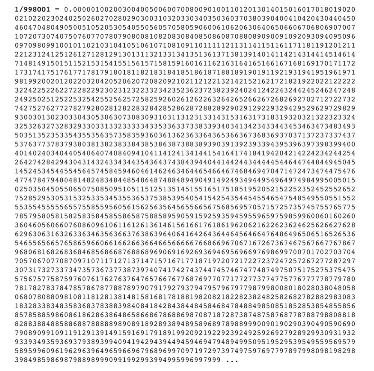 engineers_feed's tweet photo. If you divide 1 by 998,001 you get all three-digit numbers from 000 to 999 in order, except for 998 https://t.co/3LVmR2OXMU