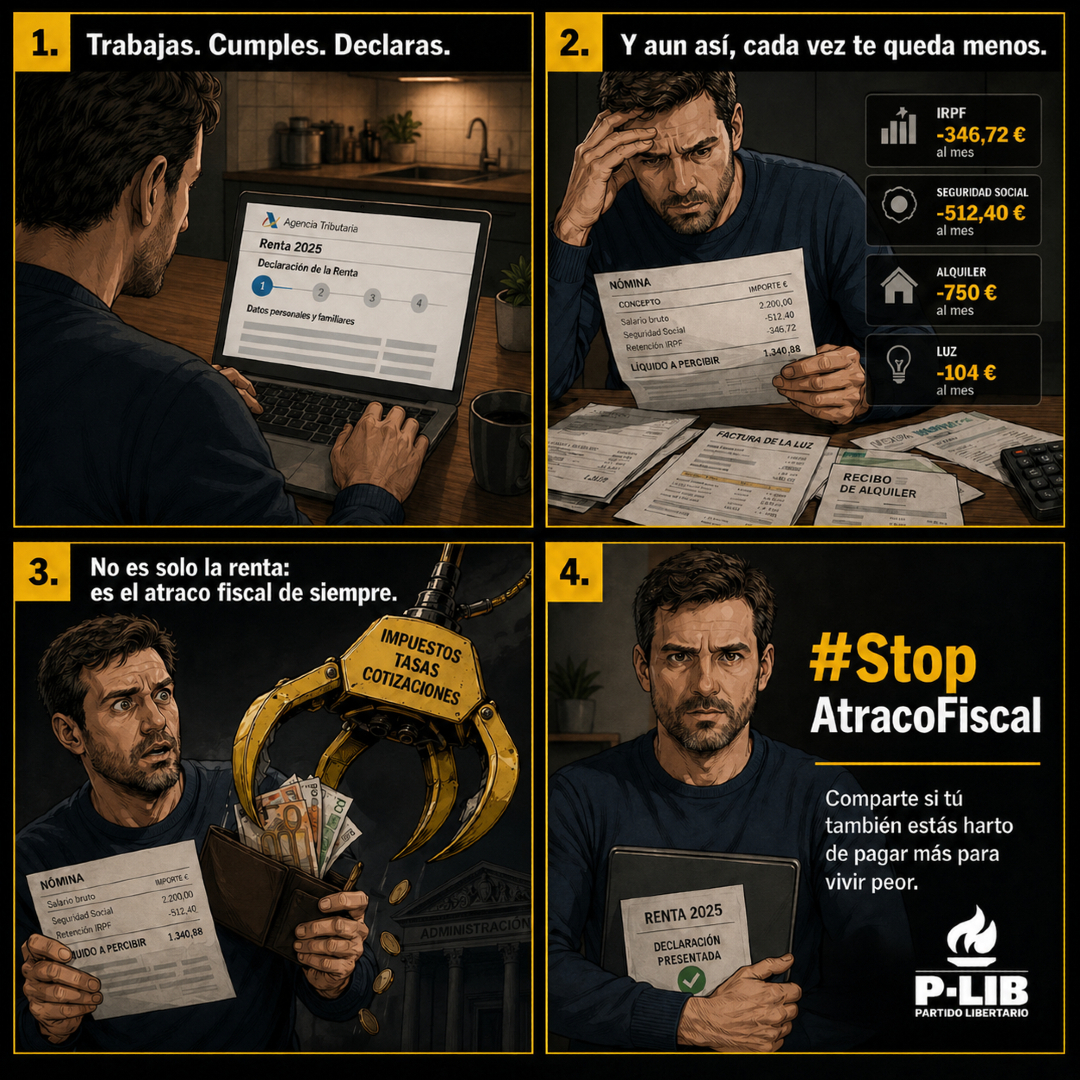partidolibertad's tweet photo. Cada año nos venden la campaña de la renta como un trámite más, casi como si fuera una obligación neutra, administrativa, hasta razonable. Pero no se siente así.

Se siente como otra vuelta de tuerca. Otro recordatorio de que trabajas, produces, cumples… y aun así una parte enorme de lo tuyo ya tiene dueño antes de que puedas decidir qué hacer con ella.

Y no, no hablamos solo de la declaración. Hablamos del sablazo continuo: nómina, cotizaciones, impuestos, tasas, recibos, trabas.

Luego se sorprenden de que a la gente no le salga a cuenta esforzarse más, ahorrar más o intentar montar algo por su cuenta.

Nosotros no creemos que vivir pendiente de cuánto te quitan sea normal. Creemos que ya está bien.

#StopAtracoFiscal