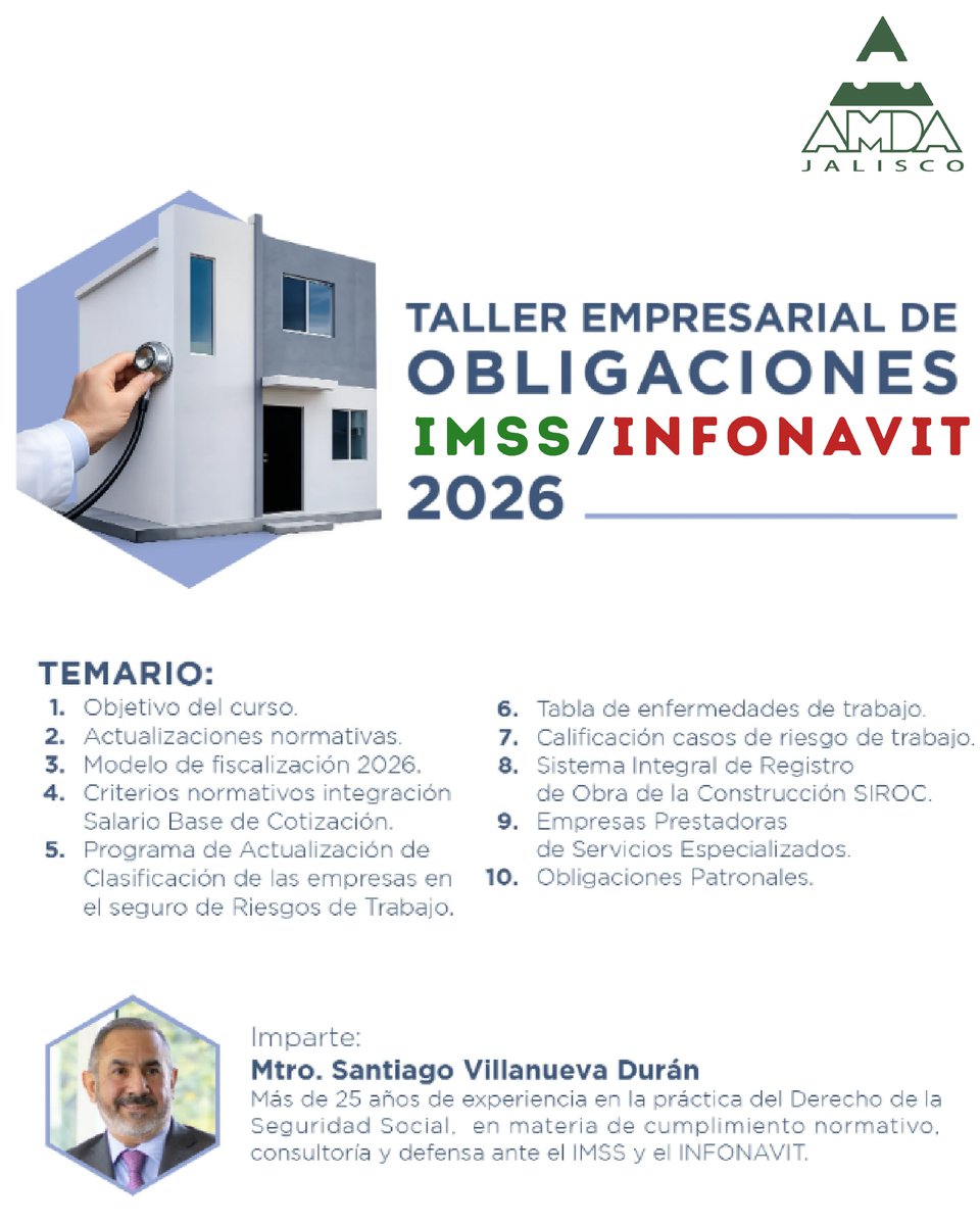 AMDAJAL's tweet photo. Taller Empresarial: Obligaciones IMSS/INFONAVIT 2026. Una sesión práctica para entender actualizaciones, responsabilidades y mejores prácticas en materia de seguridad social.

📅 20 de mayo
🕙 10 am
💻 Online

👉 Regístrate: https://t.co/jJrgAg5ihB
#Capacitacion #IMSS #INFONAVIT https://t.co/Ti3wiRC1x7
