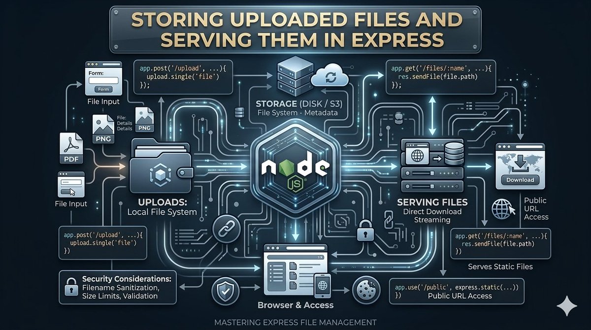 DineshSwami001's tweet image. New Blog — File Uploads in Express
Uploading files is easy. Handling them correctly is not.

Covered:
• Where files are stored (local vs external)
• Serving static files in Express
• Access via URL
• Upload security basics
Build safe, scalable file handling

#chaicode #blog