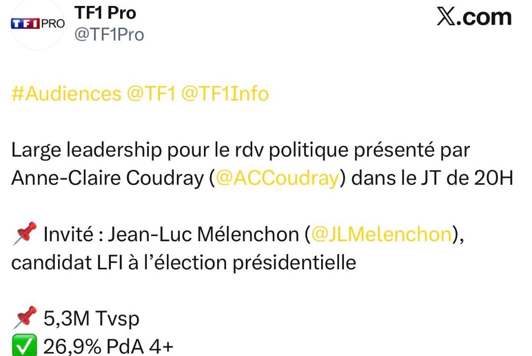 BiKhok139's tweet photo. @pro_chomeuse TF1 prouve eux même que l'audience n'a pas bougé. Essayé de critiquer sur des vrais choses s'il vous plaît. Les chiffres Médiamétrie qui sont souvent utilisé comme source sont aussi clair et l'audience n'a pas bougé (ça faudra voir vous même la source) https://t.co/He9Cf9IwKY