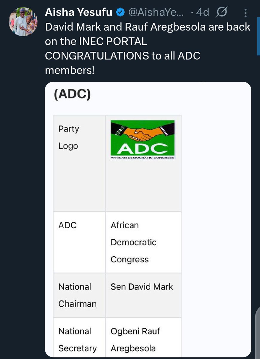 Dear Aisha Yesufu,

Pls say something! Ur silence is deafening. IS EVERYTHING "OK"?

The last time you made any political post was about 6 days ago when INEC updated their portal with the ADC Executives.

Since <a href="/PeterObi/">Peter Obi</a> &amp; <a href="/KwankwasoRM/">Rabiu Musa Kwankwaso</a> moved to NDC, what has been ur take please?
