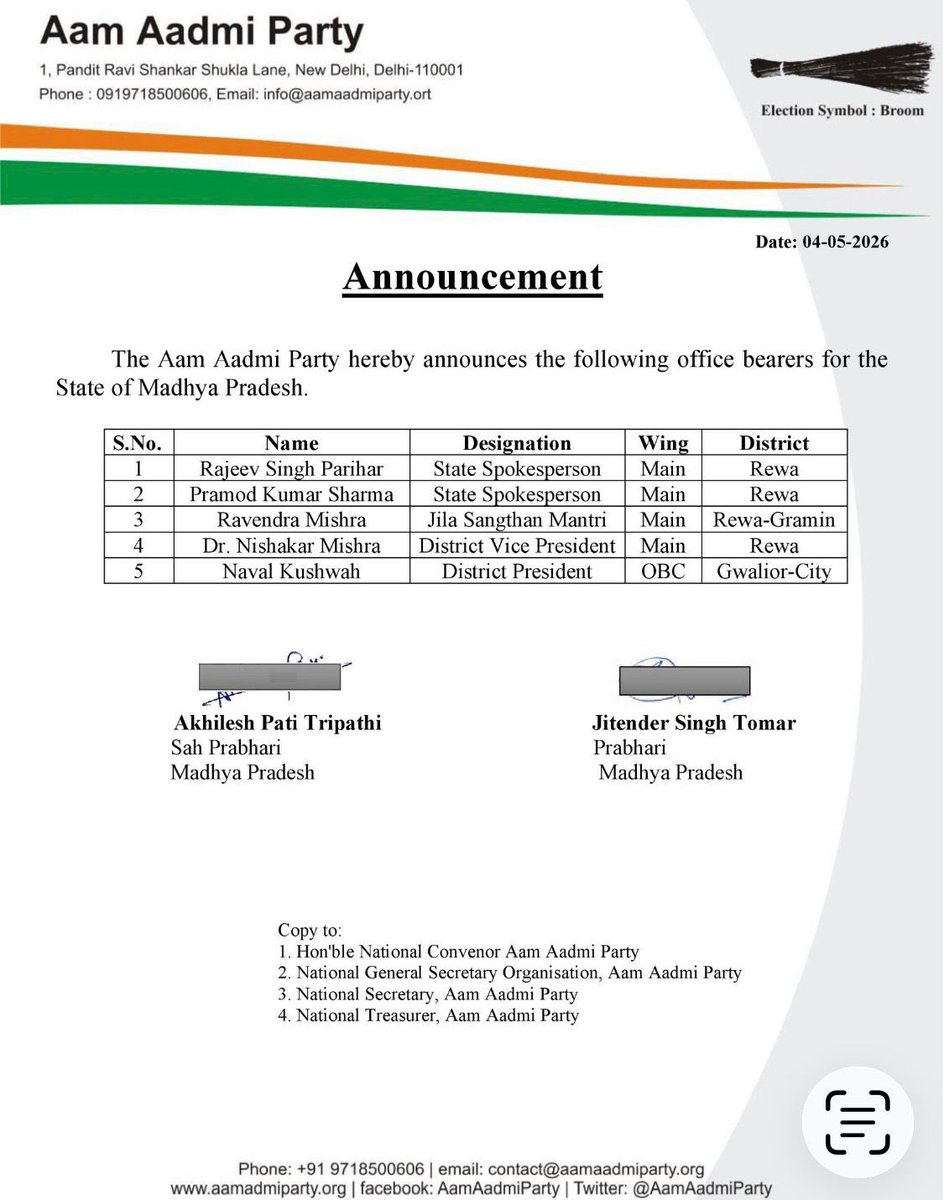 Announcement💫💫💫

संगठन विस्तार के तहत प्रदेश प्रभारी माननीय <a href="/JSTomarAAP/">Jitender Singh Tomar</a>  जी ने मध्यप्रदेश के रीवा एवं ग्वालियर जिले के 05 पदाधिकारियों की घोषणा की।

 सभी नवनियुक्त पदाधिकारियों को हार्दिक बधाई।

🌺🌺🌺🌺🌺🌺🌺🌺🌺🌺🌺

#AAPforMP 
<a href="/ArvindKejriwal/">Arvind Kejriwal</a>