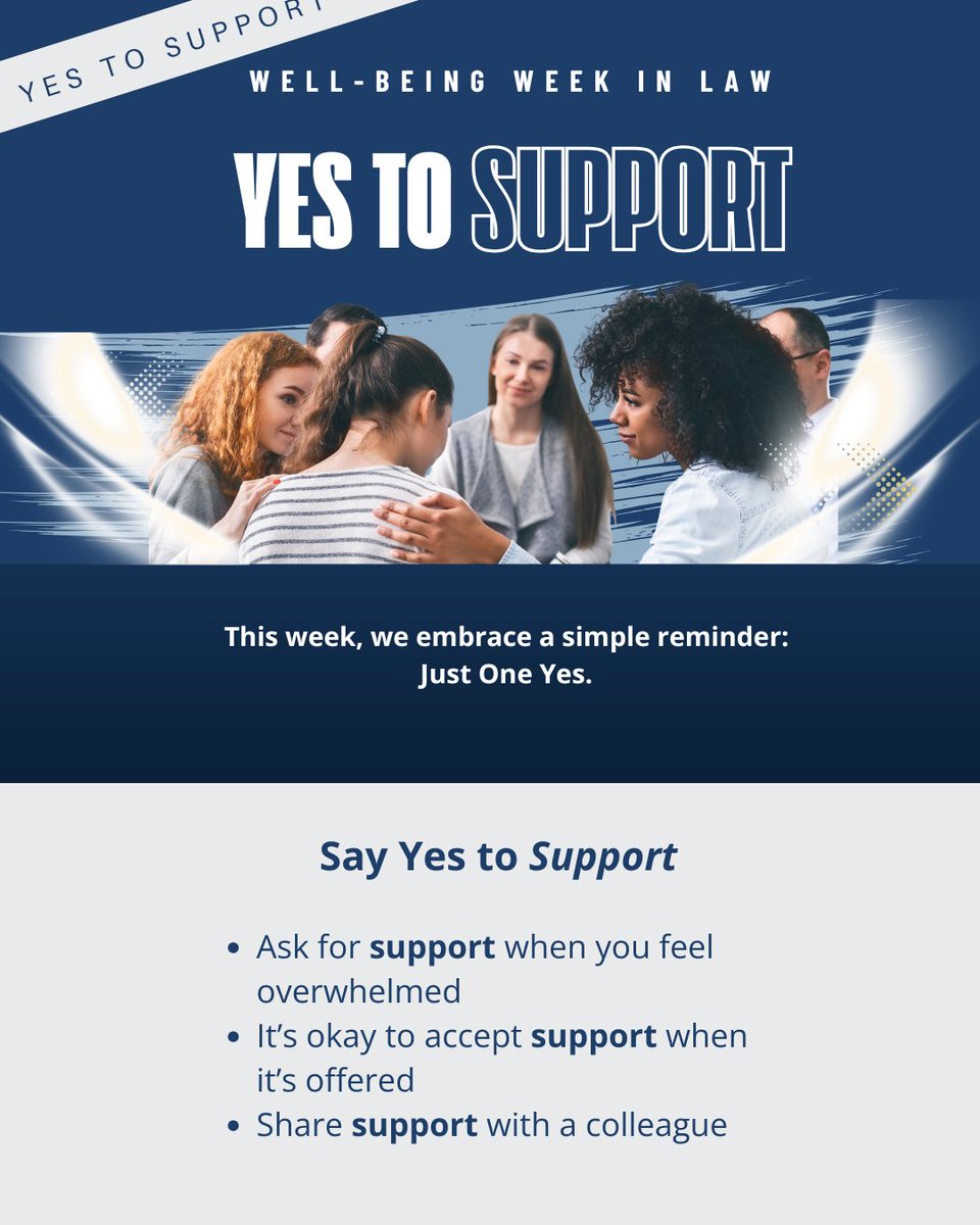 HCLawLibrary's tweet image. Well-Being Week in Law reminds us that supporting meaningful work includes supporting one another. Today, we say "Yes to Support." Small moments of support sustain our daily work. Take a moment to incorporate a few of these practices.

#WellBeingInLawWeek #MentalHealth #Support