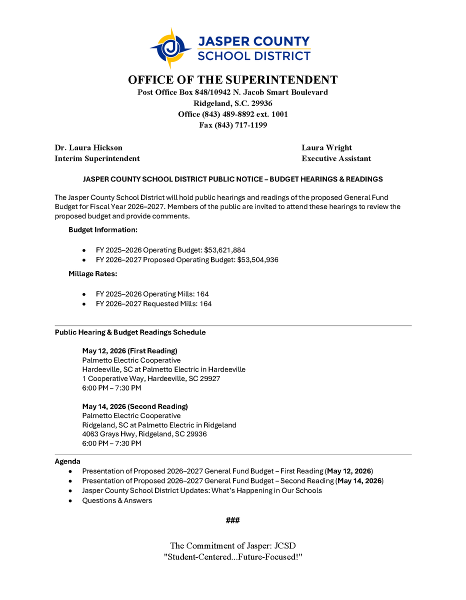 JCSD_SC's tweet photo. Fiscal Year 2026-2027 Budget Reading Schedule -

The Jasper County School District will hold public hearings and readings of the proposed General Fund Budget for Fiscal Year 2026–2027. Members of the public are invited to attend these hearings to review th https://t.co/9E5s0T7aJT