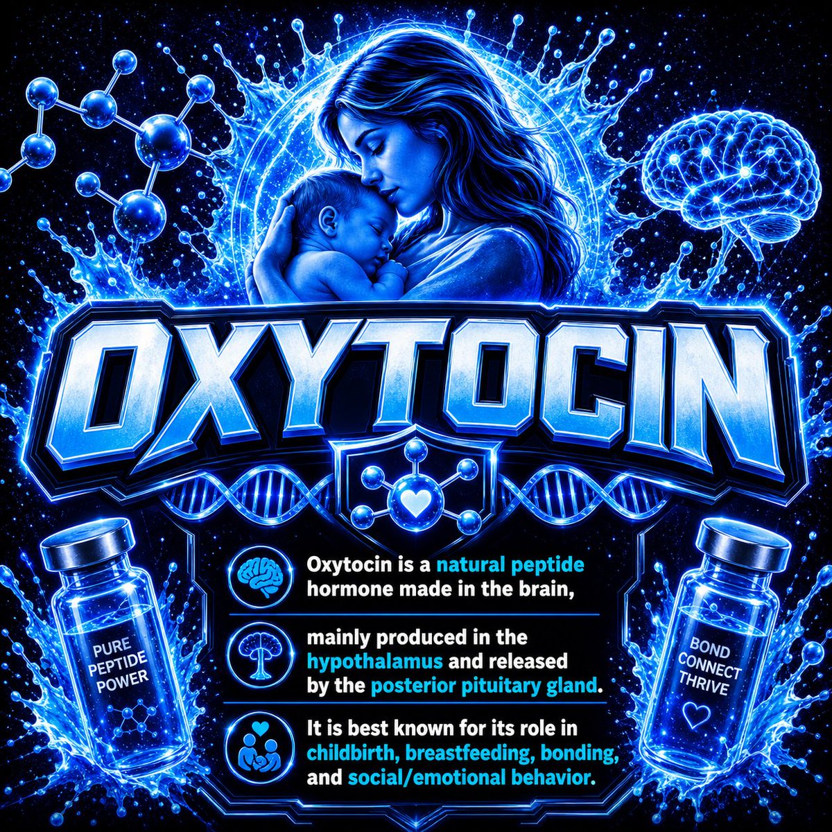 APeptides's tweet photo. Oxytocin: the natural peptide hormone linked with bonding, trust, childbirth, and breastfeeding. From the brain to human connection, it plays a powerful role in how we bond, care, and connect.

#AzzurriWellness #Oxytocin #PeptideScience #WellnessEducation #HormoneHealth #BrainHealth #BondingHormone #Peptides #HealthAwareness #WellnessJourney