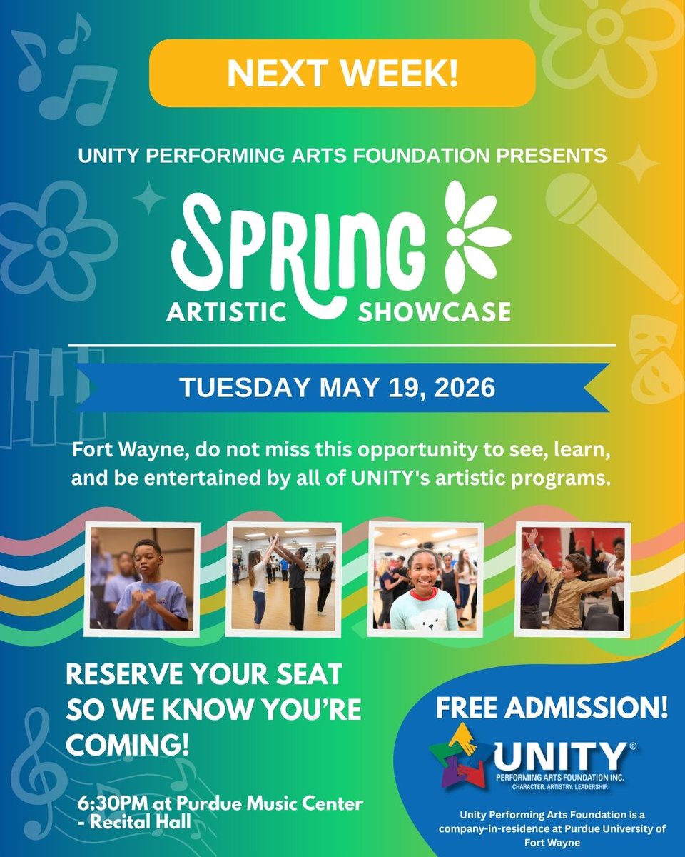 UNITYPAF's tweet photo. UNITY’s Spring Artistic Showcase is next week! 🌸

Join us May 19 at 6:30 PM at the Purdue Music Center – Recital Hall.

Admission is free — just reserve your seat so we know you’re coming! 🎟 https://t.co/vAxCvI9lER