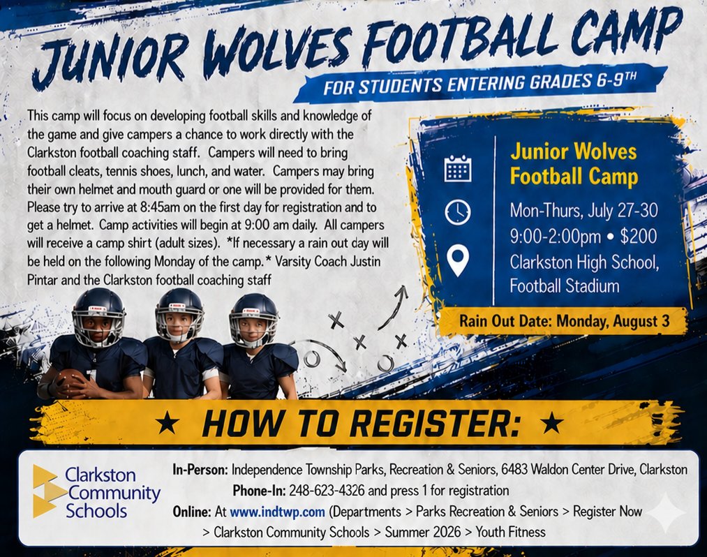 ClarkstonWolves's tweet photo. Registration is now open for our summer camps. We look forward to seeing you in June and July. #ClarkstonFootball https://t.co/Lyu8Adrl4o