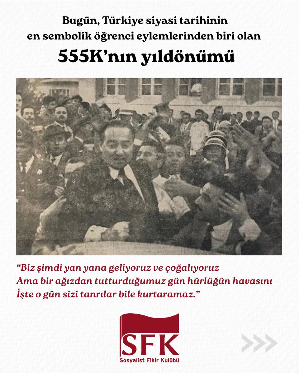 SFKBogazici's tweet photo. 66 yıl önce bugün Ankara Kızılay’da buluşan öğrenciler, Demokrat Parti iktidarının baskıcı uygulamalarına karşı “Hürriyet istiyoruz” sloganıyla tarihe geçti. 555K, gençliğin örgütlü itirazının simgelerinden biri oldu. https://t.co/9HcHMdjd3l