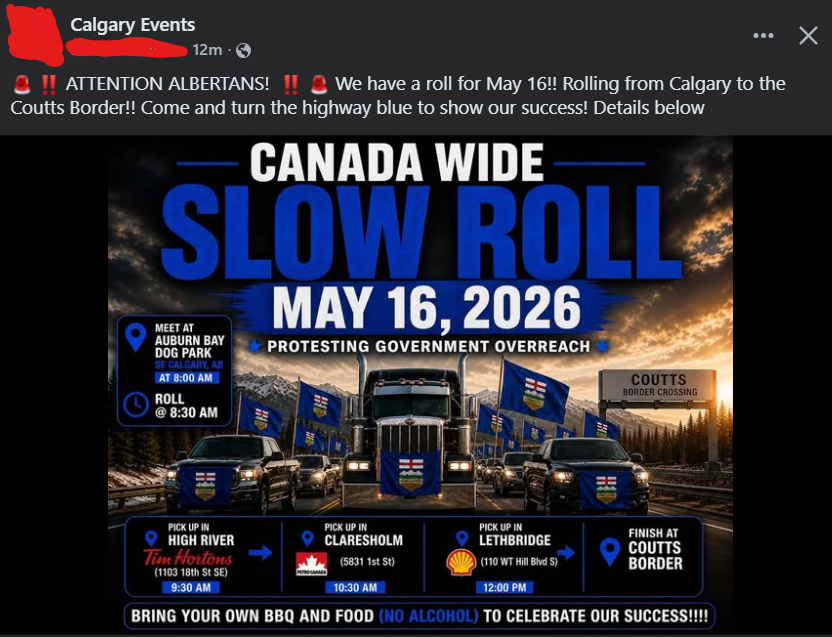 mpetch's tweet image. #ableg #abpoli #yyc Looks like the Chuds are doing a slow roll from Calgary to Coutts on May 16th