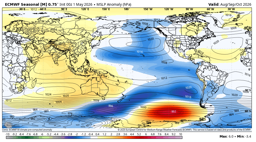 TheSteveCop's tweet photo. The updated ECMWF seasonal model continues to show a *very* strong El Niño developing through the summer months. 

This is just about as unfavorable as it gets for the Atlantic hurricane season, and the current SST configuration certainly won't help the situation. https://t.co/vzc5jxo61k