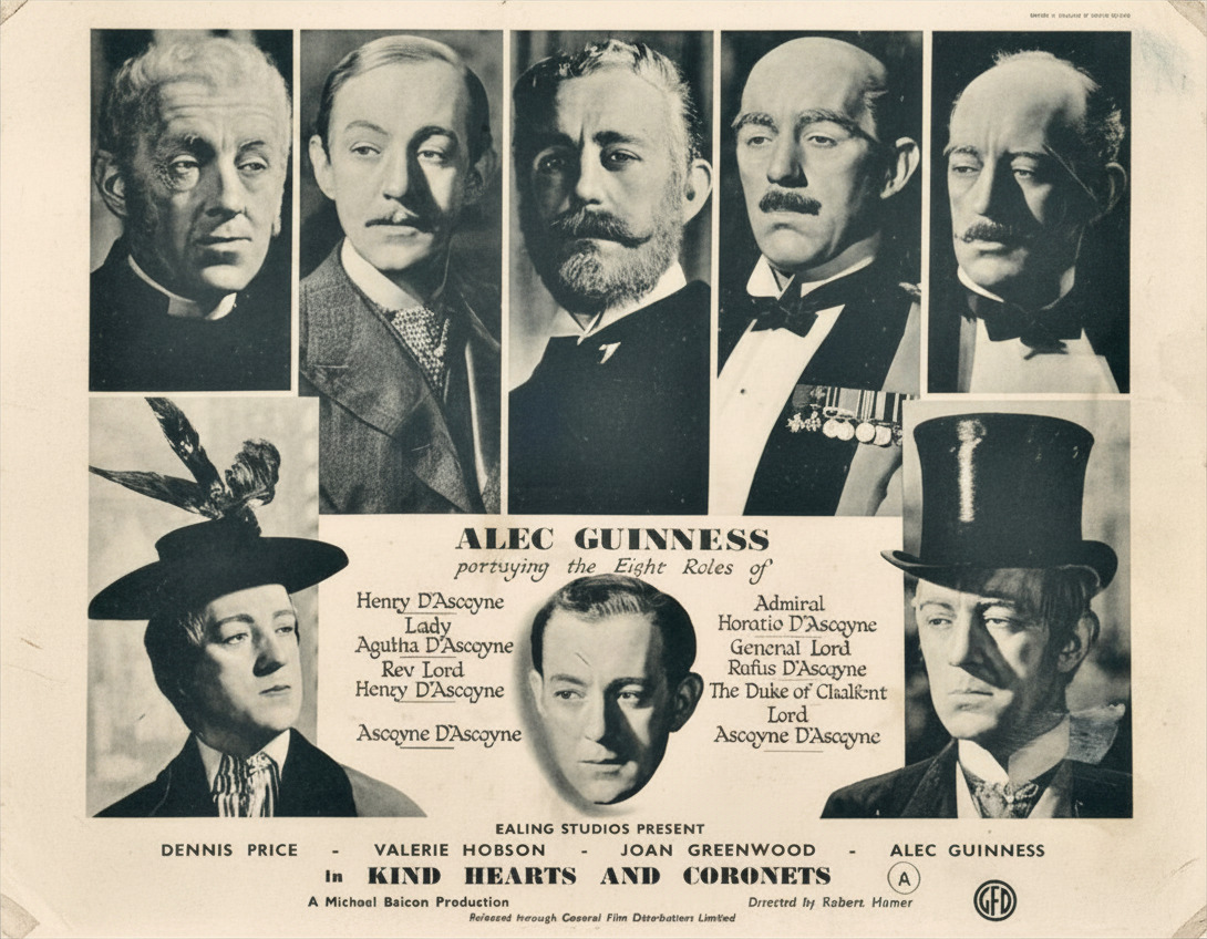 NewPlazaCinema's tweet image. A promotional photo for KIND HEARTS AND CORONETS (1949) featuring Alec Guinness in his 8 different roles. 

The "fiendishly funny” (@Criterion) comedy from Britain's Ealing Studios screens Sun May 24 12:15pm

Q&amp;amp;A w/ film historians Max Alvarez and Dan Cahill