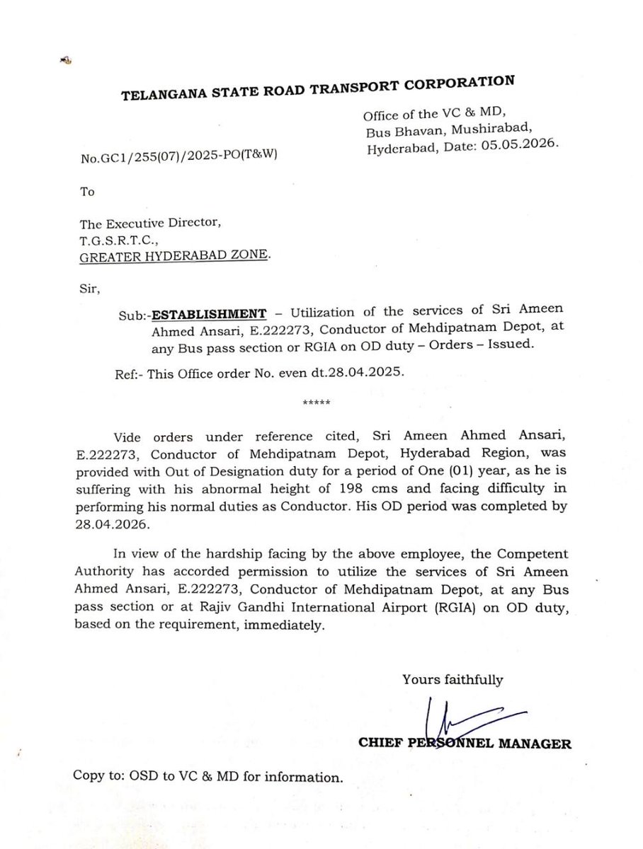 NewsMeter_In's tweet image. #Hyderabad:

The #Telangana State Road Transport Corporation has extended Out of Designation (OD) duty for #conductor Ameen Ahmed Ansari (#Mehdipatnam Depot) after completion of his initial one-year term.

Due to #medicalhardship (exceptional height of 198 cm), he will now be