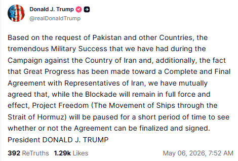 Min_FX's tweet photo. 【要人発言】
【トランプ氏、ホルムズ海峡作戦を一時停止】
イランとの最終合意に向けた進展を理由に、船舶通航支援「Project Freedom」を短期間停止すると表明。
ただし封鎖は全面維持。地政学リスクは残るものの、合意署名に向けた時間稼ぎのフェーズに入った格好。
→ドル安へ📉 https://t.co/pMgCdbegRS
