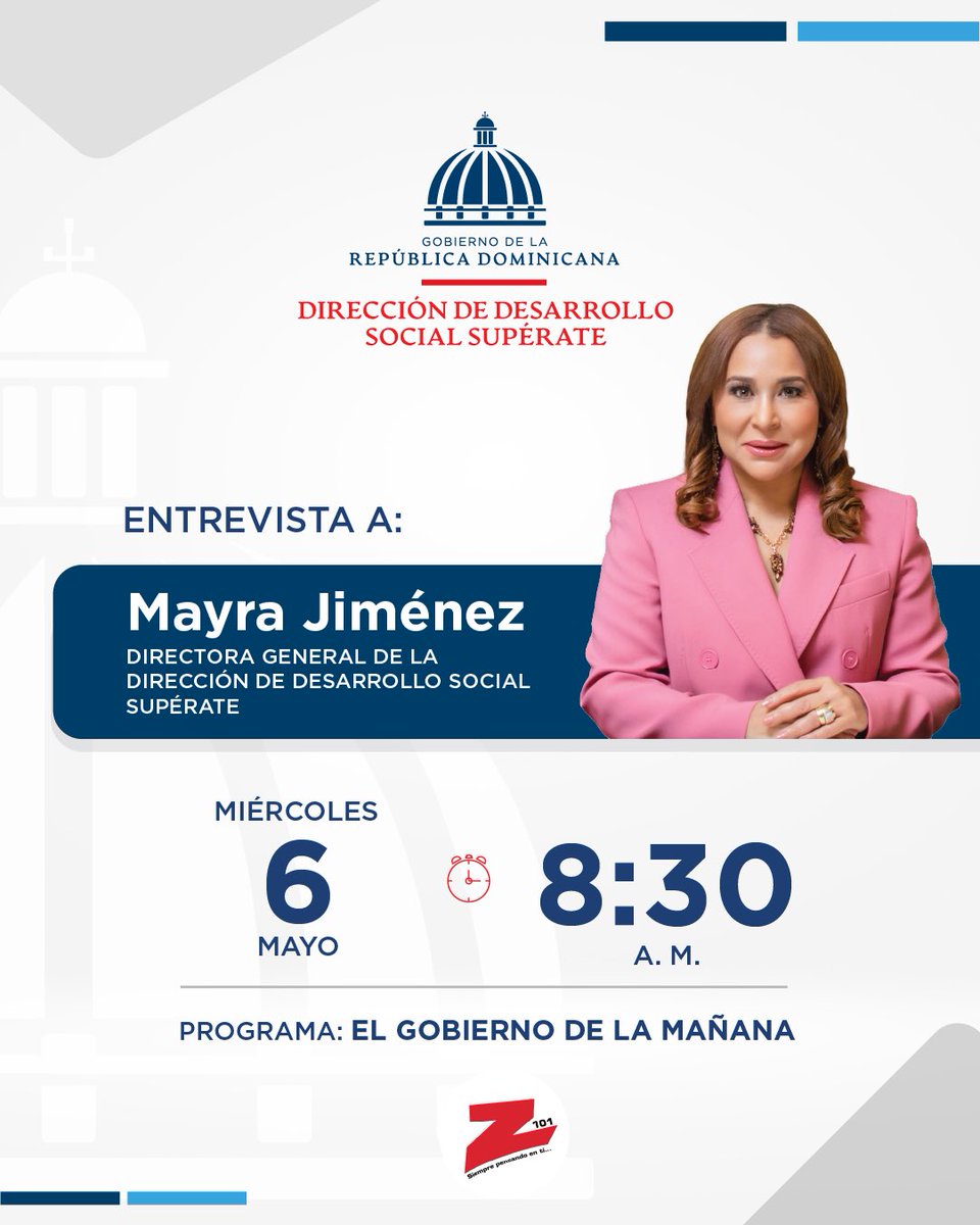 La directora general de la Dirección de Desarrollo Social Supérate (@superaterdo), @mayrajimeneztfj estará conversando en el programa “El Gobierno de la Mañana” sobre el trabajo que se impulsa desde @superaterdo en el territorio para el bienestar de las familias beneficiarias.