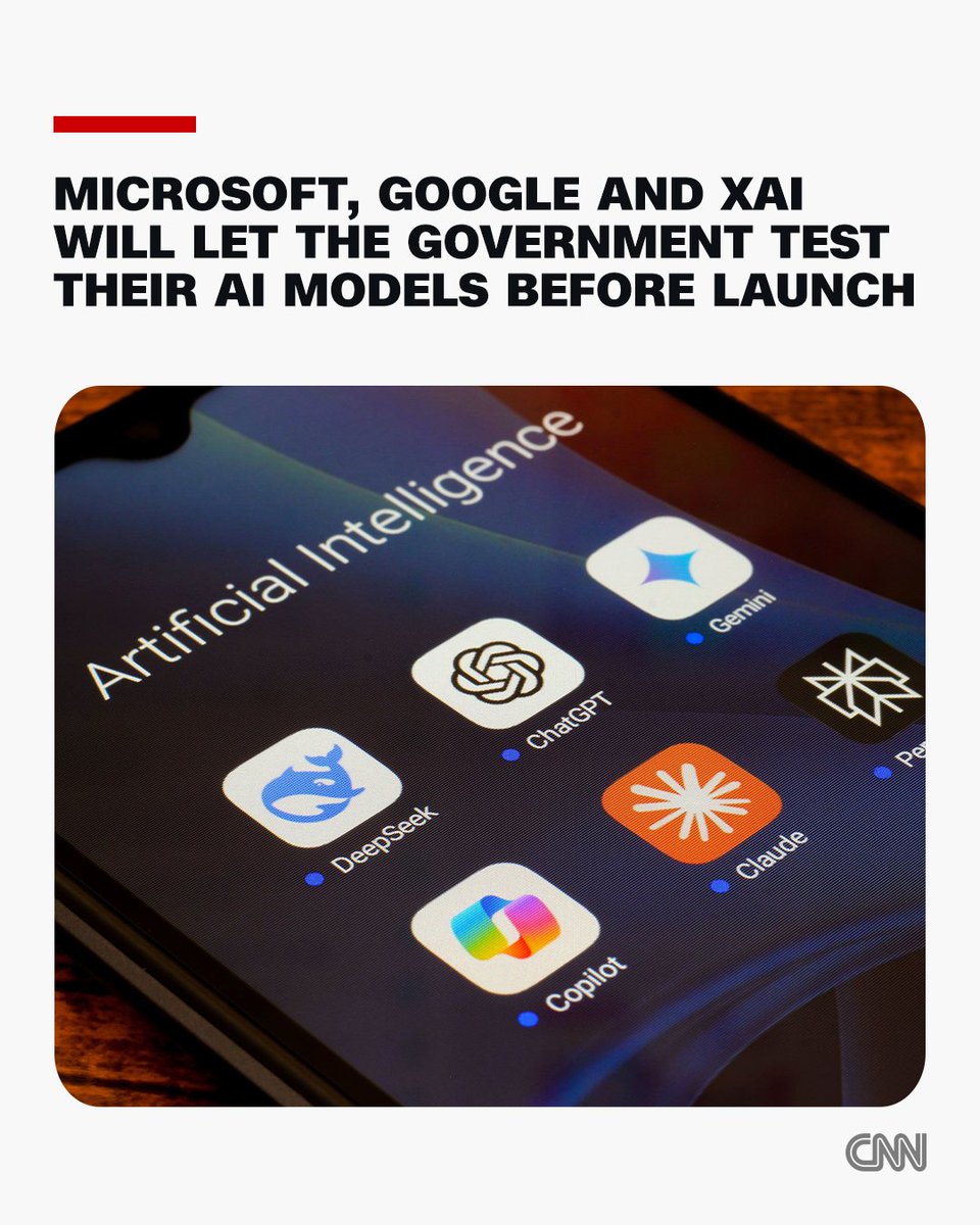 Google, Microsoft and xAI will share unreleased versions of their AI models with the government to curb cybersecurity threats, the National Institute of Standards and Technology announced. cnn.it/4w6tkYR