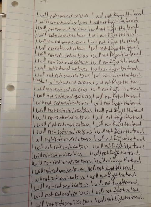 imRobbieRobski's tweet photo. @BeardoTrader This is actually a really good exercise. I wrote this on a Monday night, and wouldn't you know, I was green the rest of the week. I kept writing until my hand hurt, I think about 2 full sheets. https://t.co/WejQW24Be9