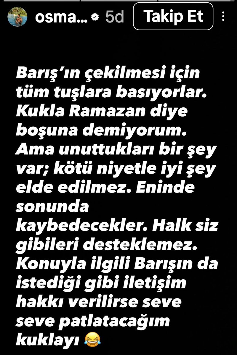 Barış, Ramazan'ın iddiasının üzerine Osman Can ile iletişim kurulup bir şey çalıp çalmadığının sorulmasını talep etti. Osmancan ueni story attı <a href="/acunilicali/">Acun Ilıcalı</a>
Seninde Allah ın varsa bu cocugu temize çıkarirsın #barışmuratyağcı #bmyfc #survivor2026