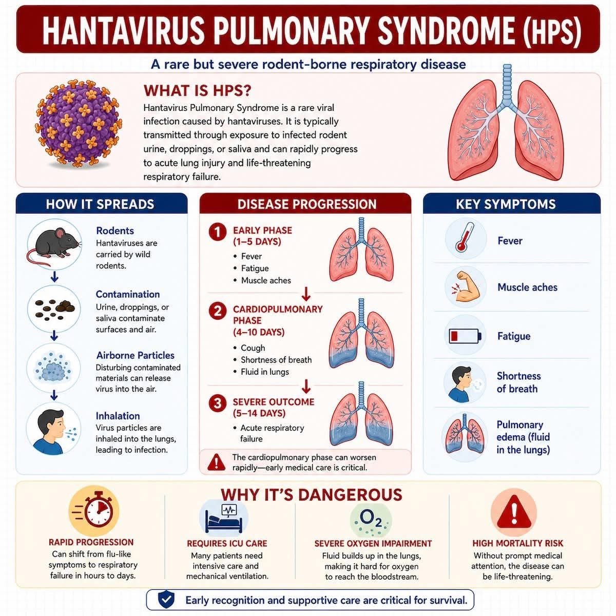 Pulmonary Syndrome (HPS), also referred to as hantavirus cardiopulmonary syndrome (HCPS), is a rare but severe zoonotic respiratory disease caused by hantaviruses carried by rodents.

Humans are typically infected through inhalation of airborne particles contaminated with rodent