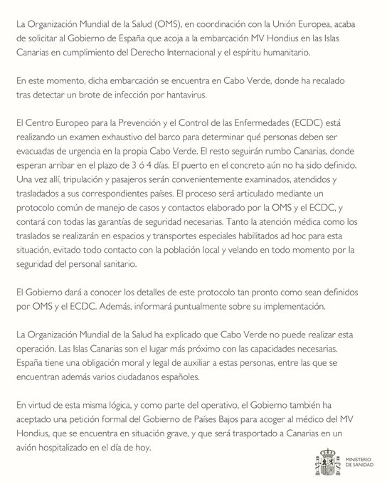 nacholozano's tweet image. #España acogerá la embarcación MV Hondius en las Islas Canarias tras detectar un #brote de #infección por #hantavirus.

El Centro Europeo para la Prevención y el Control de las #Enfermedades está realizando un examen exhaustivo del barco para determinar qué personas deben ser