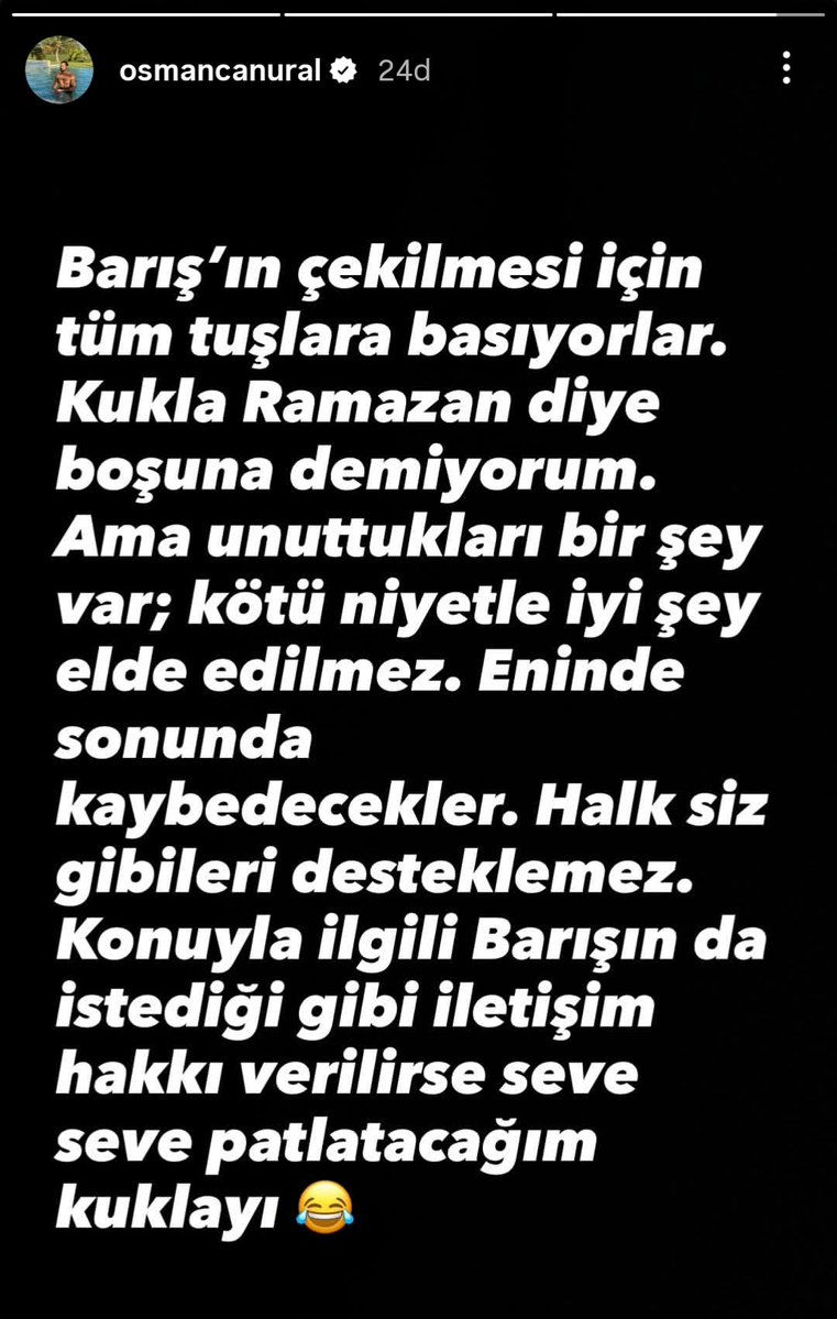 Survivor yarışmacısı Osman Can, Barış Murat Yağcı için yaptığı açıklamada Barış’ın çekilmesi için tüm tuşlara basıldığını öne sürdü. Ramazan için kukla ifadesini kullanan Osman Can, kötü niyetle iyi sonuç alınamayacağını ve eninde sonunda kaybedeceklerini söyledi. Ayrıca halkın
