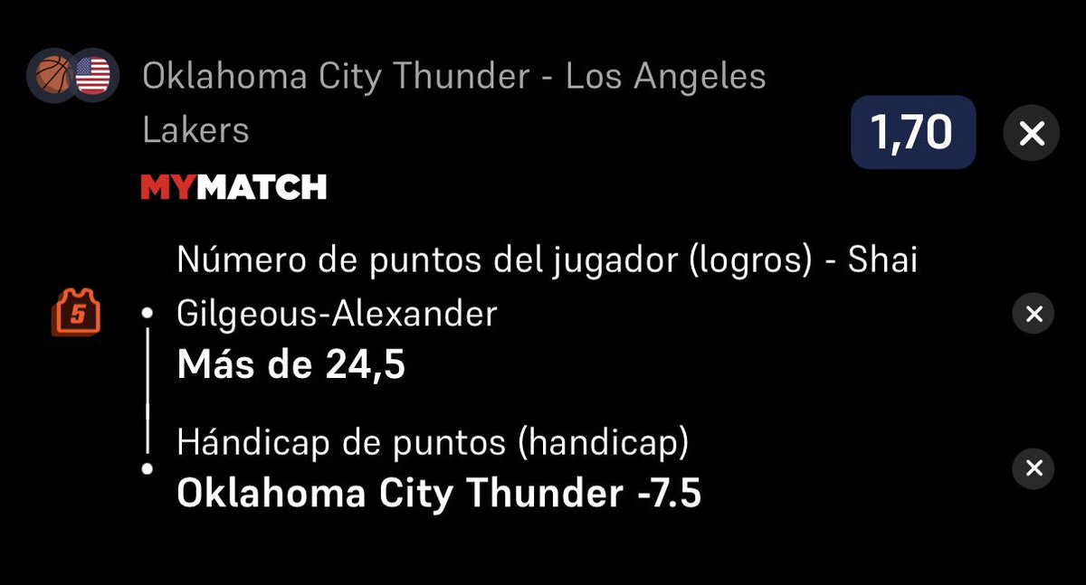 tips_enigma's tweet photo. 🏀 HAREMOS X2 CON LA NBA 🏀

🎯 Shai Alexander +24.5 puntos
🎯 Oklahoma -7.5 Handicap 

🔹 Shai Gilgeous +24.5 puntos

Lakers llegan muy tocados: Dončić fuera y Reaves forzando físicamente la eliminatoria. Contra Houston lograron pasar por la baja de Durant, pero este escenario es completamente distinto.

📊 Shai está siendo el jugador más dominante de la NBA actualmente y en un partido donde Oklahoma debería llevar el ritmo, esperamos muchos tiros y protagonismo ofensivo de su estrella.

🔹 Oklahoma -7.5 handicap

La diferencia física y de nivel llega en un momento delicado para Lakers. Sin su máxima referencia y con jugadores entre algodones, el contexto apunta a un partido muy favorable para OKC.

📉 Si todo sigue su lógica, Oklahoma debería romper el partido.
