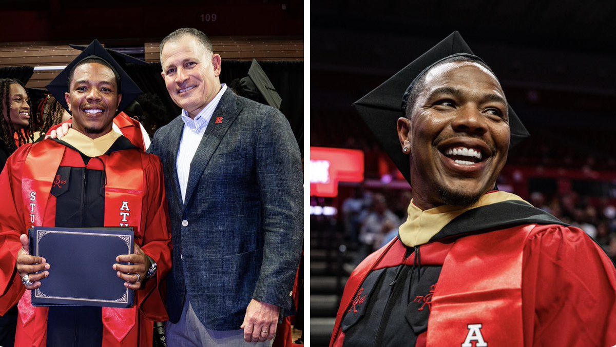 Schultz_Report's tweet image. Former #Ravens All-Pro RB Ray Rice returned to Rutgers to earn his degree and has now officially graduated. 🎓

(📸 @RFootball)