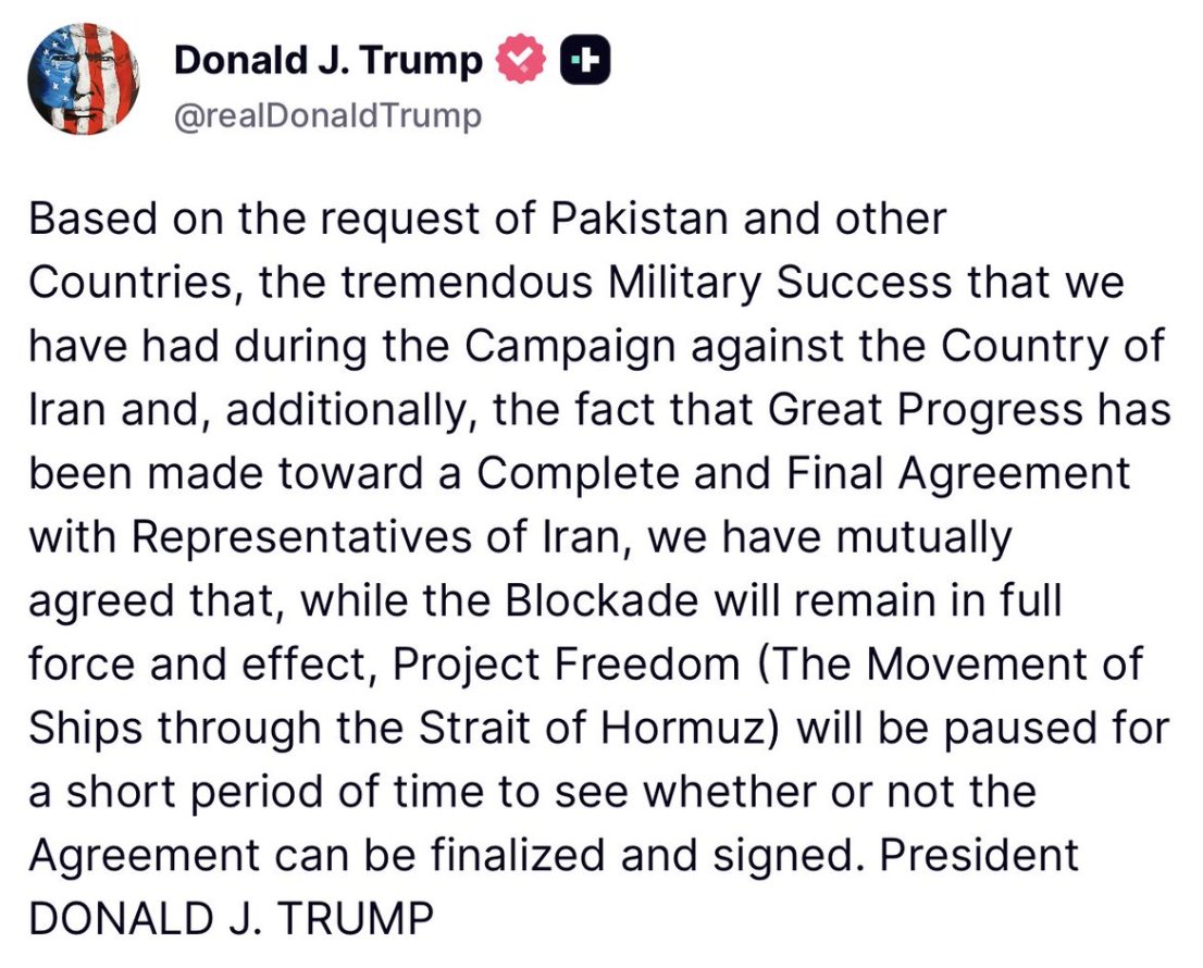 Wow, big news here! President Trump has paused the US military campaign to force open the Strait of Hormuz as Pakistan continues to mediate for a potential peace deal with Iran.