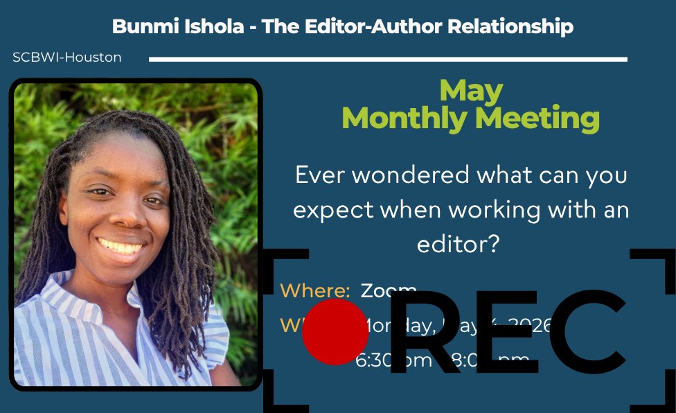 SCBWIHouston's tweet photo. Missed the May Monthly Meeting?

The recording of Bunmi Ishola’s session on The Editor-Author Relationship is now available on the SCBWI-Houston page.

Don’t forget to sign up for Houston, Lift Off! on Tuesday, May 12 at 6:30 PM CST.

#SCBWIHouston #KidLit https://t.co/Cmd9clxcCi