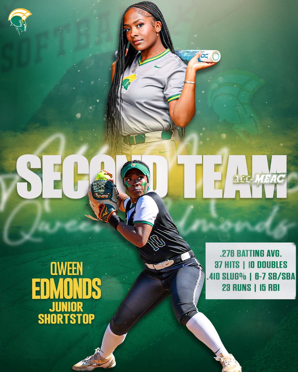 nsusoftball's tweet photo. 🔥 Second Team All-MEAC 🔰

Smooth in the field, clutch at the plate — Qween Edmonds earns All-MEAC honors at shortstop!

#Behold | #GoldStandard🔰 https://t.co/47s0ZL1xKB