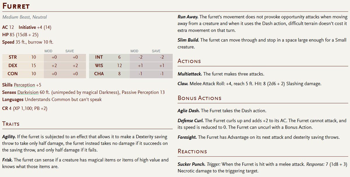 GreyAres0's tweet photo. #DnD #5e stat blocks of #Pokémon: Sentret and Furret https://t.co/DRv377vSwg
