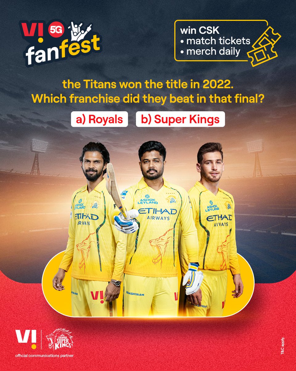ViCustomerCare's tweet photo. The final saw debutants take on a giant in the final! ✨

Comment 'option A) Royals' or 'option B) Super Kings' to answer Question 4 and get an entry into the Vi 5G fanfest contest today! 

Here's what you could win 👇 
🎟️ CSK match tickets 
👕 Vi x CSK merch 
🤝 Meet & Greet with CSK players 

Play more on the Vi app and boost your chances. Link in bio. 

#Vi #Vi5G #CSK #Vi5Gfanfest