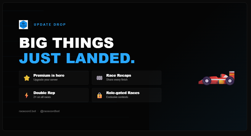 racecordbot's tweet photo. RaceCord Premium is live ⭐

⚡ 2× Rep on every race
🏁 Shareable race recaps
🔒 Role-gated races
👑 Your server's own public page

Upgrade your server → https://t.co/oTGuvYaORD https://t.co/VfB2Ed2Nyx