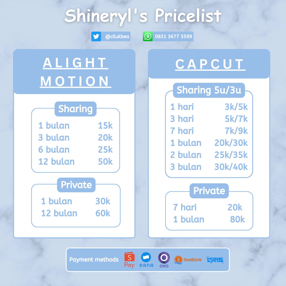 cilukbea's tweet photo. @pcielt marii fast
Cek pricelist neyi's door dibawah ini😍 Harga ramah kantong dan bergaransi💰 Dijamin trusted, fast respon &amp; fast proses📝 Will get loyalty card menarik!!
Contact me on https://t.co/iegnvw1McH or @ after DM
Happy shopping custie💗🙇‍♀️ https://t.co/PYLZM1uSTO