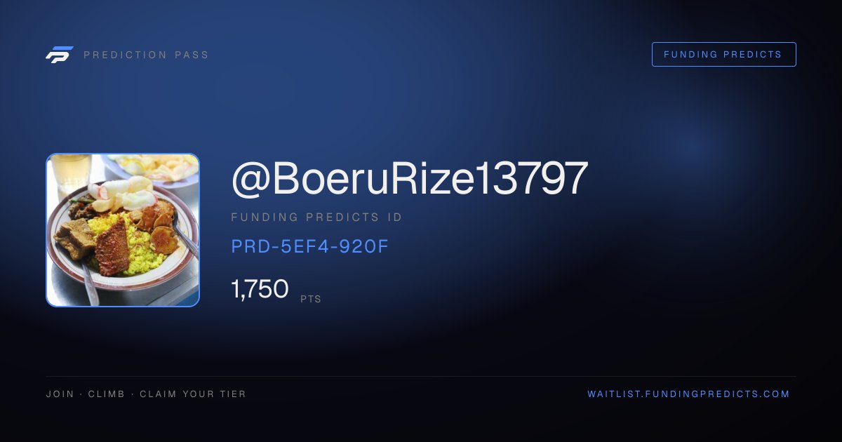 BoeruRize13797's tweet photo. Just claimed my spot on the @FundingPredicts waitlist. Top 50 = founding access + 30% off a funded account. The race is on.

https://t.co/VnuqkNIYdB https://t.co/GS8zubFbjI