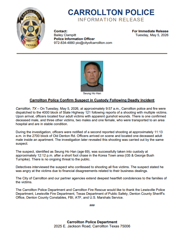 CarrolltonTXPD's tweet photo. FOR IMMEDIATE RELEASE: Carrollton Police Confirm Suspect in Custody Following Deadly Incident

Thank you to our partners: @LewisvillePD, @LewisvilleFire, @TxDPSNorth, Denton County Sheriff's Office, Denton County Constables, @FBIDallas, @ATFDallas, @USMarshalsHQ. https://t.co/dPj8HXRpPf