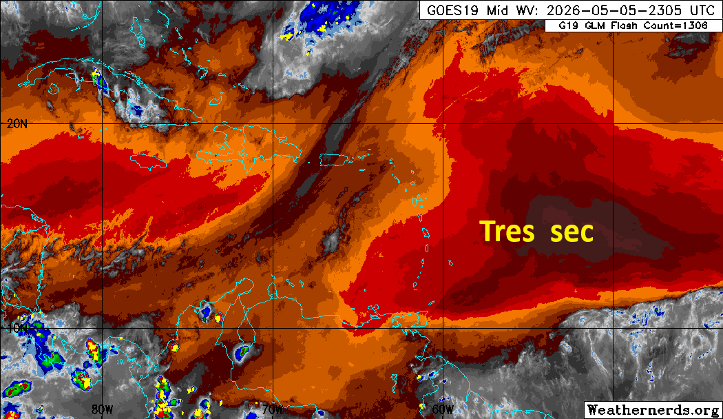 RudyMeteo's tweet photo. 1ère onde tropicale proche des Antilles, peu active (air sec + poussière saharienne).

➡️ Brume de sable dès demain/jeudi
➡️ Concentrations faibles à modérées
⚠️ Air stable = particules près du sol le matin → vigilance pour personnes sensibles. https://t.co/DVRiM5ty10