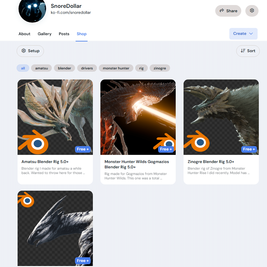 Great news for those blender folks that follow me.
My ko-fi now has a shop where I am throwing all my Monster Hunter blender rigs on (Including an updated version of my Evolve rigs soon since they're a bit outdated and need work)

Link is in the reply