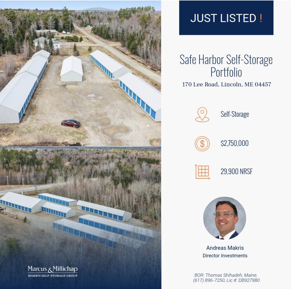 Andreastmakris's tweet photo. JUST LISTED: Safe Harbor Self-Storage Portfolio | Lincoln, ME
 
I'm excited to bring Safe Harbor Self-Storage Portfolio market in Lincoln, ME. This two-property self-storage asset is selling for $2,750,000.
 
• 88% occupancy across 170 drive-up units totaling 29,900 net rentable square feet (NRSF)
• Two locations within a 10-minute drive for efficient management
• Value-add opportunity through lease-up and operational improvements
• Stable Lincoln market with strong senior demographics and regional connectivity
  
View more details on this property: https://t.co/MKsJzZf8fE
 
Please reach out for additional information: (215) 850-0450​ or Andreas.Makris@marcusmillichap.com
 
Marcus & Millichap Mid-Atlantic
#MarcusMillichap #CommercialRealEstate #MaineCRE #JustListed #SelfStorage #LincolnME #InvestmentOpportunity
 
BOR: Thomas Shihadeh, Maine, (617) 896-7250, Lic #: DB927980