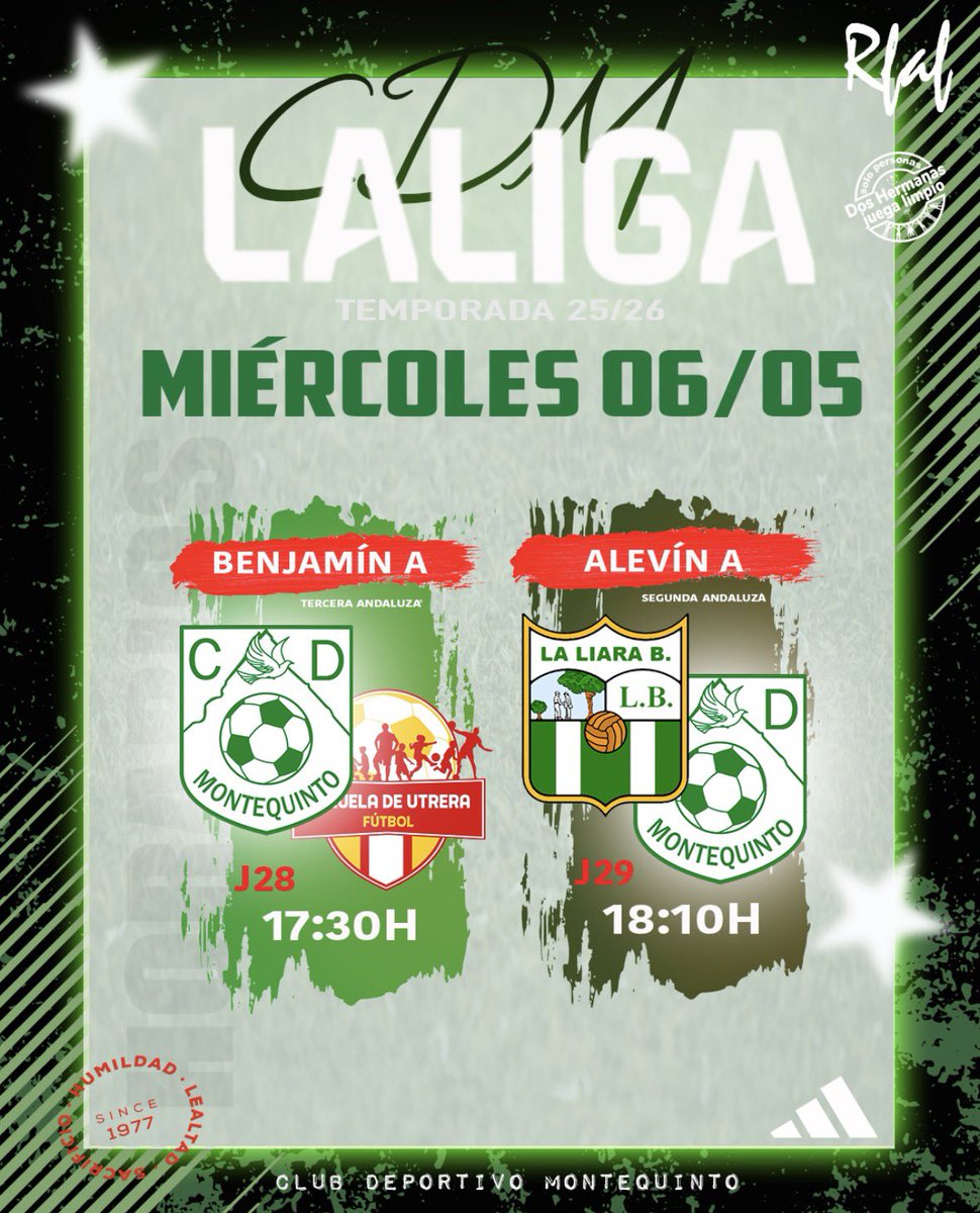 MontequintoCD's tweet image. HORARIOS/𝐕𝐄𝐑𝐃𝐄𝐒!!!📆⚽🔜🏘️✈️25/26
Horarios de todos nuestros equipos que tienen competición federada esta semana.
Semana del 04/05 al 10/05.
Adelantados por feria.🎡 
¡¡¡Vamos mis verdes!!!⚔️⚡️💯

#adidas #ilusioninfinita #siemprecontigo #laliga #rfaf
