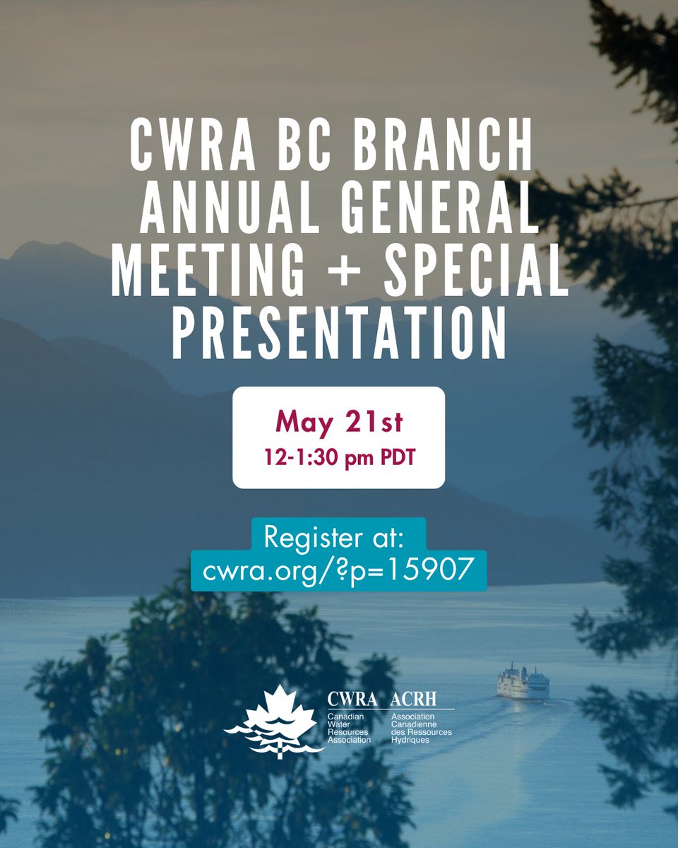 CWRA_Flows's tweet photo. On May 21st, join our #BCBranch for their Annual General Meeting! All members are encouraged to attend.

The AGM will also feature a special presentation by Rachel Scholes on 6ppd-quinone and stormwater management.

🗓: May 21, 2026 at 12pm-1:30pm PDT
🔗: https://t.co/3aNy7sGtOc https://t.co/8KTdpzwb23