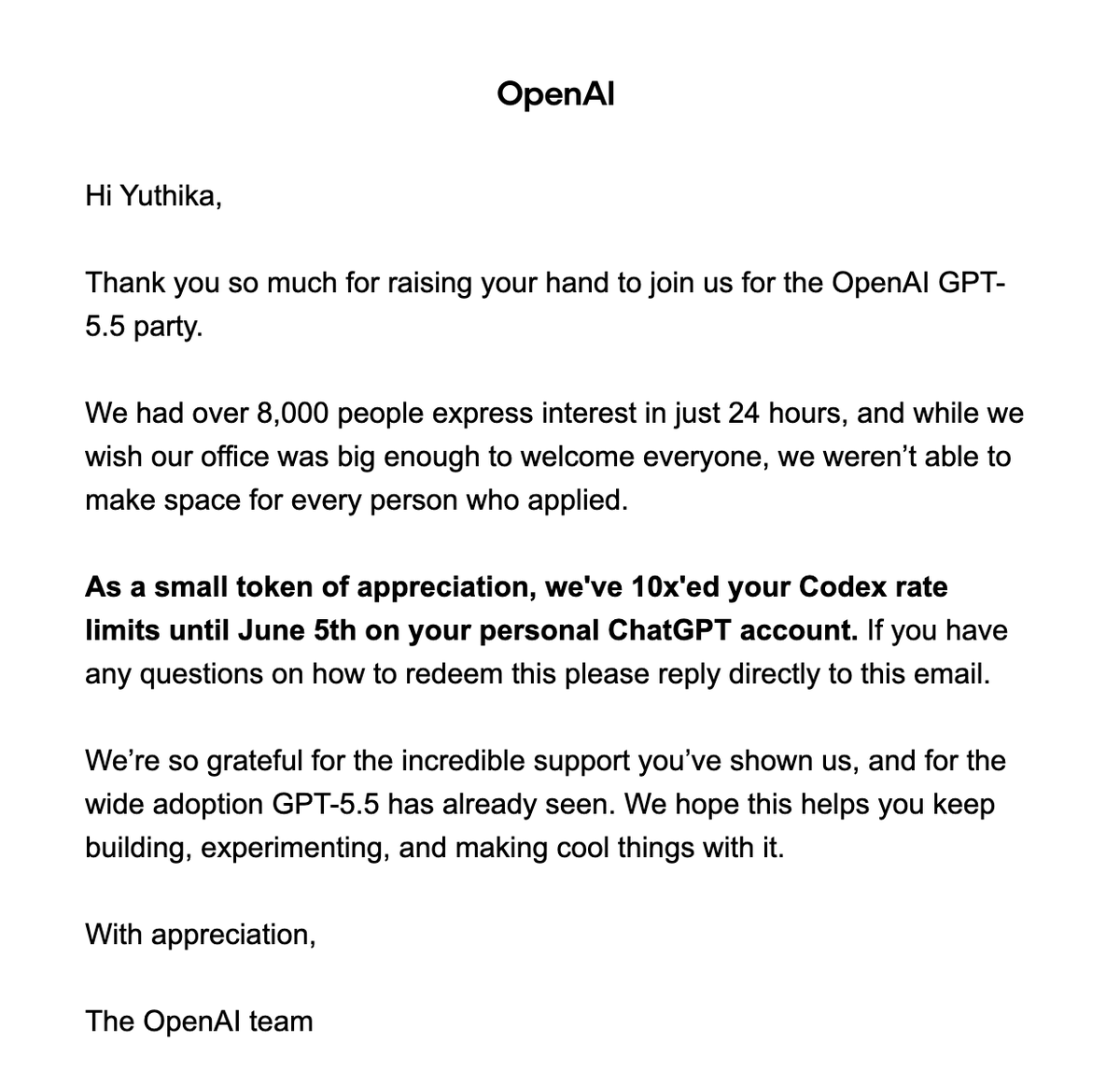 Quantliq's tweet photo. @sama @thsottiaux 
Thanks much <3 https://t.co/osMXhRExPS
