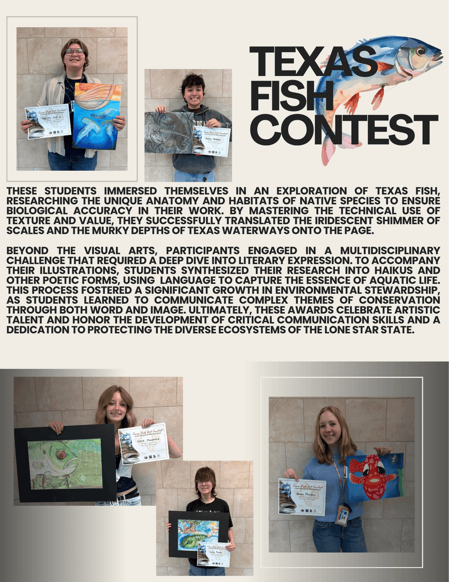 CHSSpartans's tweet photo. These students fully immersed themselves in studying Texas fish, researching the anatomy and habitats of native species to ensure biological accuracy in their art work for their Texas Fish Contest. Check out their work! https://t.co/BVtUlpJquj