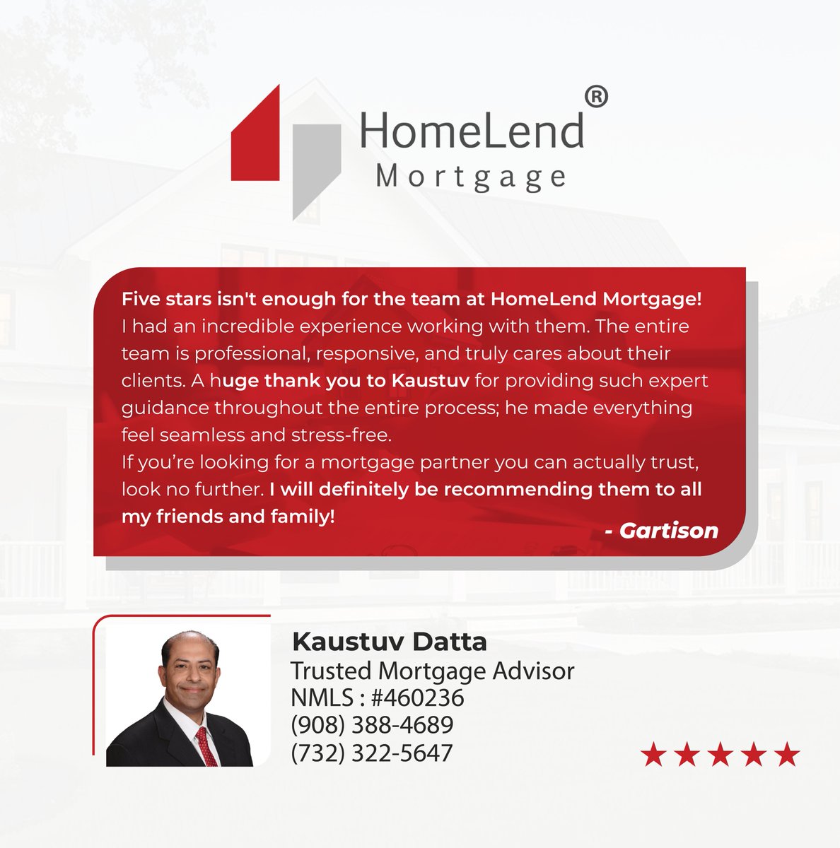 HomeLendMTG's tweet photo. Five stars isn’t enough.

Thank you, Gartison, for trusting Kaustuv Datta and HomeLend Mortgage—and for the highest compliment and your recommendation.

https://t.co/tz74ebSeaq https://t.co/XJq1sLHuoI