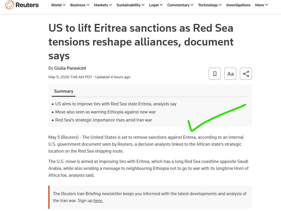 AligidirEritrea's tweet image. Well, well, well 😊 The #US is scrapping the Biden era sanctions on #Eritrea. Effective this month. Some are saying this is a major strategic move by the Trump Admin to secure an alliance &amp;amp; a vital 3K km Red Sea coastline. Translation: a direct warning to #Ethiopia.