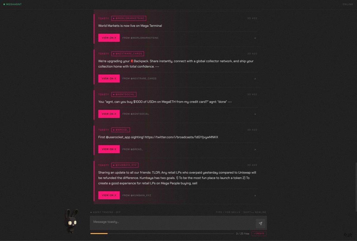 MegaAGNT is gearing up to be a go to app on <a href="/megaeth/">MegaETH</a> 

> Free ai agent for everyone
> Knows everything about megaETH
> On chain skills
> Token launcher
> AI Agent Market Maker
> Swap, bridge, Trade
> Agent Economic launcher and games
> Dex
> Meme coin Discovery
> Transparency and