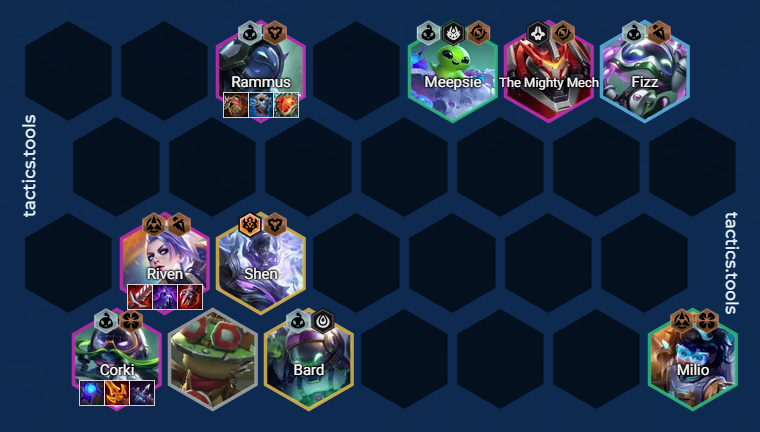 🌑CORKI +RIVEN MEEPLE 🌑

Una de las mesas Fast 8 más sólidas del Parche! Fateweaver le da crit natural a Corki, Riven es una carry secundaria súper flexible... sumado a los escudos de Meeple hacen que tu mesa sea muy difícil de matar

Abrimos hilo 🧵
(Códigos de mesa abajo)